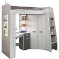 Lit Mi-Hauteur Enfant 80x200 Neo - Mezzanine Avec Bureau, Tiroirs, Étagères Et Bibliothèque Intégrée - Escalier Droite - Craft Blanc/Graphite - Gain De Place Optimal !
