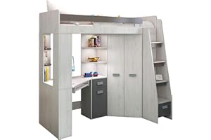 FURNITUREBYJDM High Sleeper/Bunk Bed - ALL IN ONE Right or Left Hand-side Stairs - Kids/Children Furniture Set. Bed, Wardrobe, Shelves, Desk. (Craft-White/Graphite - Right Hand-side Stairs.)