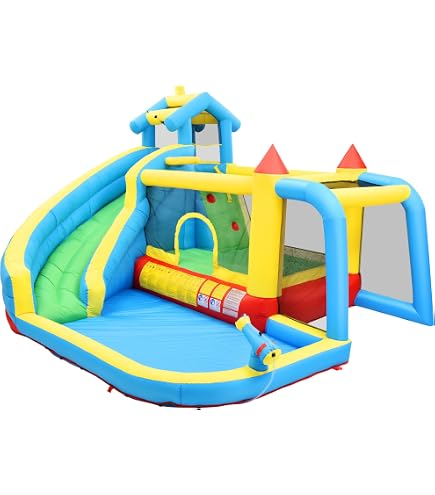 AKEYDIY Château Gonflable Géant – Double Toboggan, Mur D’escalade, Panier Basket, Filet – Tissu Oxford 840+420D – Inclut Souffleur – Pour Intérieur/extérieur