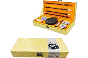 HorBous Set calligrafia cinese da 10 pezzi + pennello per scrittura e pittura + blocco di inchiostro + sigillo + tampone per inchiostro + portapenna + ciotola d'acqua (base)