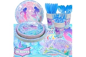 Fournitures de Fête de Sirène,113pcs Ensemble de Vaisselle de Fête de Sirène Inclur Deco Fete Sirene Nappe Assiette Tasses Serviette et Couverts Set etc Vaisselle de Décoration de Fête à Thème Sirène