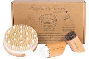 Stephanie Franck Beauty Set Spazzole Corpo e Viso per Spazzolatura a Secco - Esfoliante Naturale con Setole Morbide e Dure - Legno Naturale - Pelle Liscia e Tonica - Idea Regalo Donna e Uomo