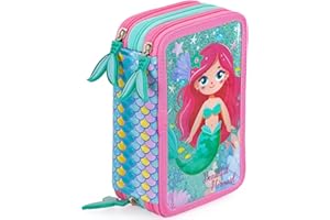Plumier Triple 45 Piezas – Estuche Escolar Completo con Bolígrafos Gel Borrables, Lápices 4.0 mm, Rotuladores, Tijeras, Pegamento – Ideal Primaria y Regalo niña – Sirena Brillante – Julian Ross