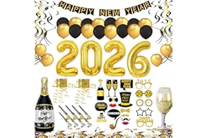 BFSYRR 66 Pcs New Years Eve Decorations 2026 XXL Set,New Year Banners, Aluminum Foil Balloons,Photo Booth Props,Swirls,Whistles and More,2026 Party Decoration Kit to Design Your Party