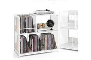 KOMFOTTEU Soporte para Tocadiscos de 3 Niveles, Mesa Auxiliar para hasta 300 Álbumes, Mueble para Tocadiscos con 3 Divisores Extraíbles, Marco de Metal, para Salón, Dormitorio (Blanco)