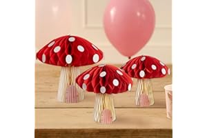 GINGER RAY Honeycomb Mushroom Decorations, Red & White Hanging Centerpieces for Kids Birthday Parties, 3 Pack