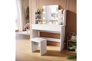 SUNXURY Schminktisch 108cm Breite mit Stuhl und LED Beleuchtung B108xT40xH140 cm Kosmetiktisch mit Großer Spiegel Schubladen Mädchen Damen Schminktisch