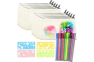 OCCOUMR 10 Stück Leinwand Federmäppchen zum Bemalen, DIY Blanko Stoffbeutel Stoffbeutel Reißverschluss, mit 12 Farbigen Stiften und 4 Zeichenvorlagen, für Basteln Kindergeburtstag Kosmetiktasche1