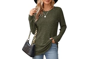 WNEEDU Maglie a Maniche Lunghe da Donna, Felpe Girocollo Leggere e morbide, Maglioni a Righe Tinta Unita da Donna, Maglioni Pullover