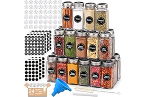 NCKIHRKK Gewürzgläser Eckig 24 Stk. 120ml Gewürzdosen Gewürz Organizer, Gewürzbehälter Glas Gewürzstreuer Set mit 48 Streueinsatz Gewürzgläser Set mit Etiketten Trichter Marker Bürste, Spice jars