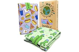 BUABI Bolsa portabocadillos reutilizable. 2x Envoltorio bocadillo, sandwich, almuerzo, merienda infantil y adultos. Ecológico y sin BPA (Comida y Cactus)