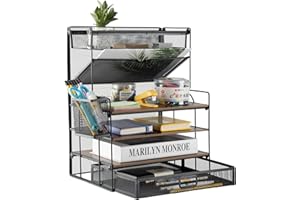 ZNMYDMT Schreibtisch-Organizer mit 4 Etagen und Zubehör, Papier-Briefablage, Vintage-Holz-Schreibtisch-Organizer mit Schreibwarenablage und Stifthaltern für Schule, Zuhause, Büro