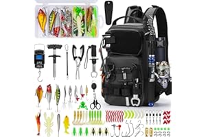 THKFISH Sac à dos de pêche avec support de canne, kit d'outils de pêche, sac résistant à l'eau avec kit de leurres de pêche, boîte de matériel de pêche et ensemble de pinces pour homme et femme (noir