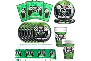 Bikasun Video Game Party Tableware Set for Boy Gaming Birthday Decorations, Gaming Controller Player Paper Plates Cups Napkins Tablecloth for 10 Guests, Party Supplies for Kids, Green