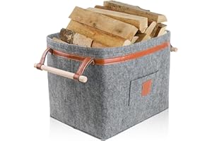 Photener Cesto Porta Legna in Feltro, Cesta Porta Legna da Ardere con Manico in Legno Massiccio, Cesta per Legna in Feltro[100% Plastica Riciclata], Grigio Chiaro