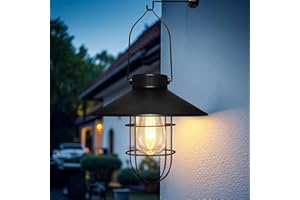 Pearlstar Solar Lanterns, Hanging Outdoor Lanterns with Led Edison Bulbs, 8.4 Inches, Black, Waterproof, Solar Powered