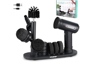 HAUSHOF Elektrische Reinigungsbürste, Akku Reinigungsbürste mit Ständer, LCD Anzeige, 3 Einstellgeschwindigkeiten, Spin Scrubber mit 7 Bürstenköpfen & 1 Messerschärfer, Für Badezimmer Küche Fliesen