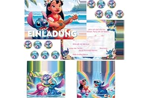 COQOYO Einladungskarten Kindergeburtstag Jungen Mädchen, 12pcs Deutsche Geburtstag Einladungen, Partyeinladungen mit Bunte Umschläge und Runde Aufkleber, Cartoon Einladung Set für Kinder Party