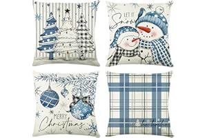 FAIRYMAIDEN Blue Christmas Cushion Covers Set of 4, 45 x 45cm Xmas Pillow Cases, Blue White Xmas Cushion Covers with Snowman Pine Tree for Blue Christmas Decorations Indoor, Sofa Cushions, Bedroom, Living room