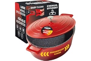 STONELINE Cocotte Induction avec Couvercle 32 cm, 6,6 L, Casserole Antiadhésive Revêtement avec de vraies Particules de Pierre, Braisière Marmite pour Tous Feux et Four, Couleur : Rouge