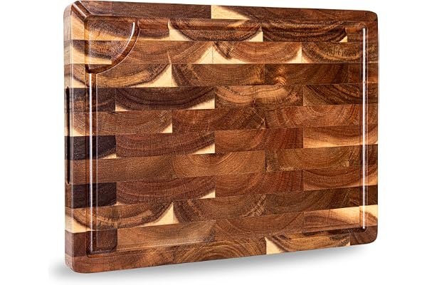 Planche à Découper en Bois d'Acacia, TJ POP Planche a Découper de Cuisine 38 x 28 x 3cm avec Pieds Antidérapants pour Découper la Viande, les Légumes, les Fruits et le Fromage