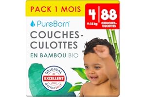 PureBorn 88 Couches Culottes Taille 4 (9-15 kg), Ultra-Absorbantes, Hypoallergéniques, Couches Culottes douces pour Bébé, Testées Dermatologiquement, Anti-fuites en Bambou Naturel