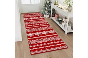 ‎PURECOZY PureCozy Weihnachten Teppich 60x180cm Weihnachtsteppich Roter Teppiche Läufer Flur Küchen Schneeflocken REH Weihnachtsbaum Waschbarer rutschfest Weihnachtsdeko Carpet