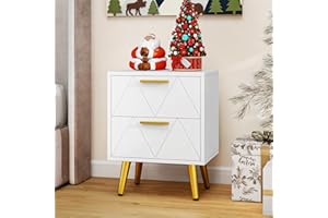 YITAHOME Bedside Table with 2 Drawers and Power Station, Modern Nightstand End Table with Gold Metal Legs and Handles, Storage Side Table for Living Room, Bedroom, 40x30x52cm (White)