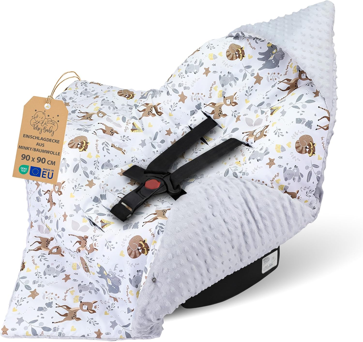 Manta porteo saco para silla de coche paseo capazo y carro verano 90x90 cm - universal arrullo cobertor cochecito para niños y niñas lavable y transpirable Minky Oeko-Tex Ciervo Gris Claro