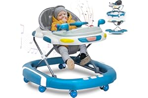 FK SPORTS 2 in 1 Foldable Baby Walker & Rocker - Multifunctional with 4 Adjustable Heights, Removable Feeding Tray, Music & Silent Wheels - Baby Walker for Boys & Girls 6 Months+ (Blue)