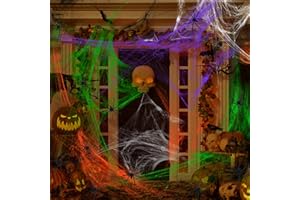 SilverChry Dekoracyjna pajęczyna na Halloween, 300 g, biała, do użytku na zewnątrz, z 50 czarnymi pająkami z horroru, 1500 m², do użytku wewnątrz pomieszczeń, straszna dekoracja na Halloween, do