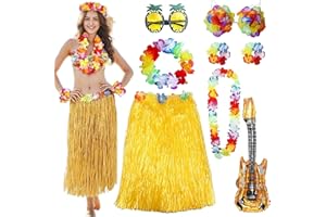 Marypaty Falda Hawaiana Niña 8 Piezas Disfraz Hawaiano Mujer con Guirnaldas de Flores Collar Diadema Gafas de Sol Guitarras hinchables Playa Favor de Partido Adultos