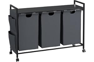 KIMENICH Panier à Linge 3 Compartiments, Corbeille a Linge avec Couvercle, Boîte à Linge à Roulettes, Sac de Rangement, Crochet, Sac à Linge en Tissu Oxford, Extensible, Amovible, 3 x 46 L, Gris