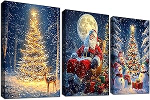 HALFLEMART 3Pcs Stampa su tela Con Cornice Albero Natale Illuminato Pittura Renne Pupazzo di Neve Babbo Natale Quadri su tela Quadri Moderni Soggiorno Camera da Letto Corridoio Decorazioni Murale 30x40cm x3pcs