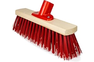 EASY PEASY MATE 12" Heavy Duty Wooden Broom Head with Stiff Red Bristles – Garden & Yard Sweeping Brush with Fitted Handle Bracket