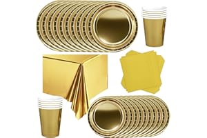 POPOYU Partygeschirr Kindergeburtstag Golden,69 Stück Geburtstagsparty Geschirr Pappteller Set,Tischdecke Papier Tassen Teller Servietten zum Weihnachten,Geburtstag,Hochzeiten,Jubiläums(16 Gäste)
