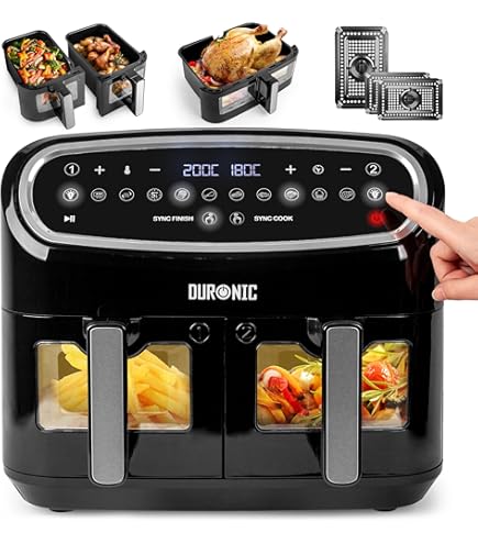 Brabantia Dubbele Airfryer, XXL, 10 Liter, 2700 Watt, 80ºC tot 200ºC, PFAS- Vrij, voor 10 Personen, 6 Kookprogramma's, Gestapelde Lades, Digitaal Touchscreen, Cool Touch Handgreep, Zwart, BBEK1240