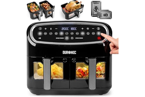 Duronic AF34 BK Set Friteuse à Air avec 1 grand tiroir de 10L et 2 petits tiroirs de 5L inclus | 10 Programmes de Cuisson Préréglés | Sans huile | Fonctions Sync Cook Sync Finish