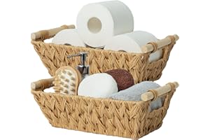 GRANNY SAYS Cajas de Mimbre Tejida Apilable para Armarios de Cocina Estante Conjunto, Paquete de 2 Cestas Organizadoras, Cestos Mimbre con Asas de Madera, Cestas Almacenaje Baño Rectangulares