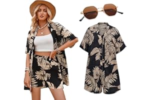 Marypaty Camisa Hawaiana Mujer Camisa de Playa Camisas Causal de Verano para Mujer Pantalones Cortos Conjunto Gafas de para El Sol