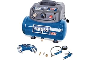 Scheppach Druckluft Kompressor HC06 ölfrei | 6L Kessel | 8 bar Arbeitsdruck | 1200 Watt Leistung | Ansaugleistung 192 L/min | mobil & kompakt Luftkompressor | inkl. 6-tlg. Zubehörset