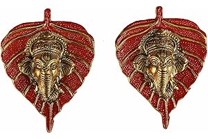Charmy Crafts Small Metal Ganesha On Leaf, Wall Hanging, Room Decor, Best Housewarming, Gifts Article for Wall Decor Set of 2(Sunny Golden Finish) (Fire Brick Red)