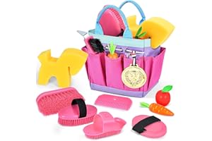 Joellfuner Pflegeset für Pferde mit Tasche, Spielzeug Putzzeug Pferde für Kinder, Zubehör für Pferde Spielzeug Rosa mit Kardätsche, Massagebürste, Mähnenkamm, Hufkratzer, Pferdchenschwamm