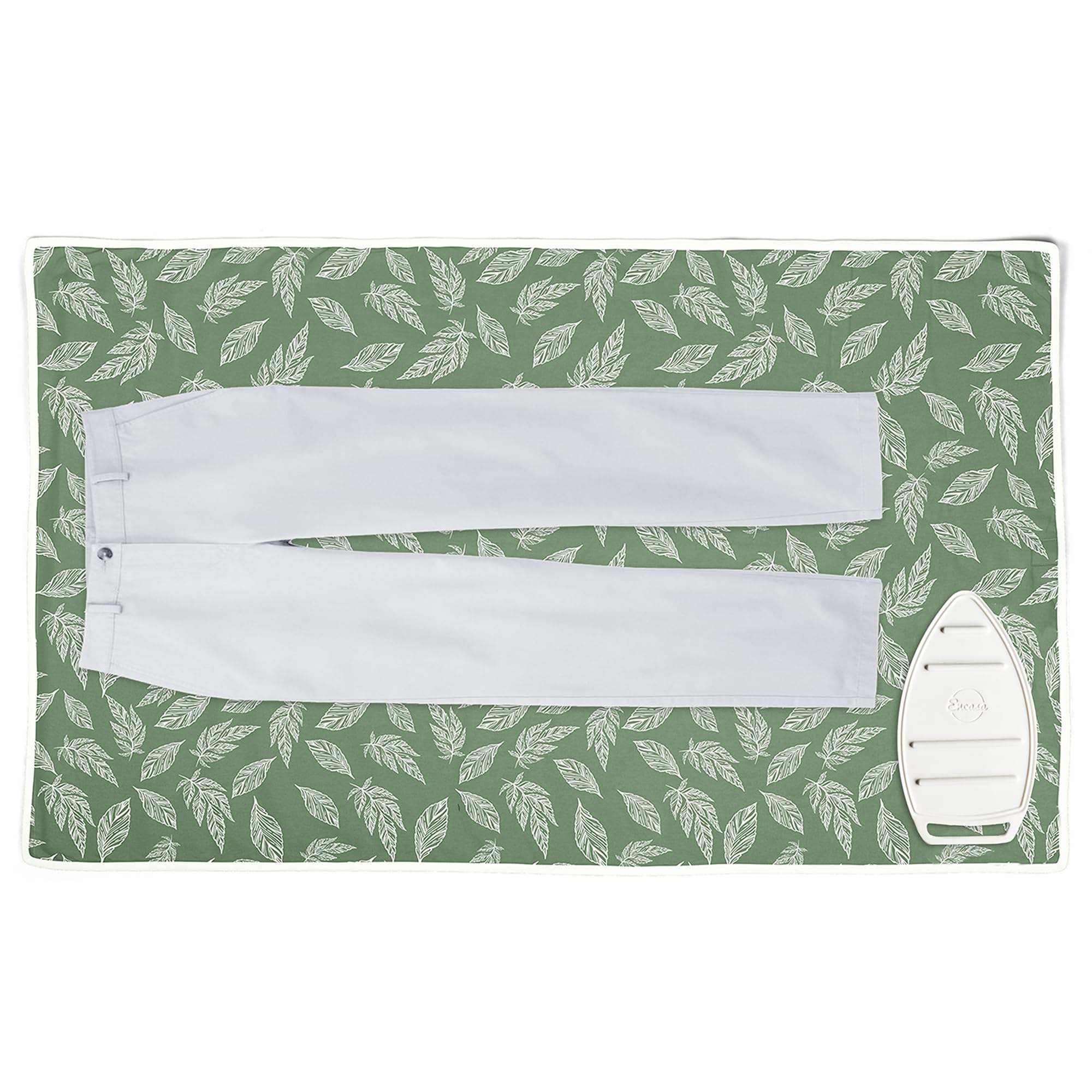 Encasa XO Ironing Mat (Large 120x70 cm) with 3mm Felt Padding, Silicone Iron Rest Protector, Steam Press on Table, Bed, Portable, Heat Reflective, Foldable, Washable, Printed - Big Leaves Green