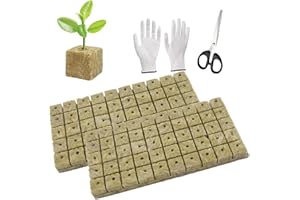 WANYI 100 PCS Cube de Laine de Roche, Laine de Roche Blocs, Rockwool Grow Cubes, Laine de Roche Tapis de Culture Grow avec Ciseaux Gants pour Bouturage la Culture et la Transplantation de Semis