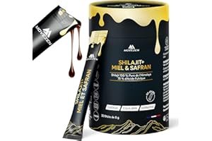 MOVEZEN Shilajit+ Miel & Safran Bio, Résine Authentique 100% Pure de l’Himalaya, Énergie Durable, Vitalité, Concentration, 30 Sticks de 8 g, Riche en Acide Fulvique & Humique, 85+ Minéraux