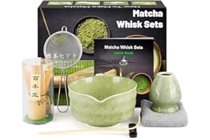 KURKIP 7 Pièces Matcha kit ceremonie japonais, Fouet matcha en bambo, bol matcha, cuillère à thé, Porte-Fouet, kit matcha complet, Coffret matcha, pour la cérémonie du thé, la boisson - Vert