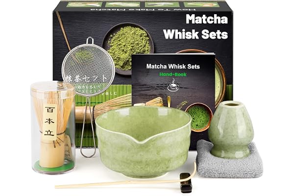 7 Pièces Matcha kit ceremonie japonais, Fouet matcha en bambo, bol matcha, cuillère à thé, Porte-Fouet, kit matcha complet, Coffret matcha, pour la cérémonie du thé, la boisson - Vert