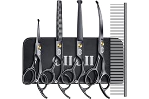 CIICII Dog Grooming Scissors Kit, 7 Inch Professional Pet Grooming Scissors Set with Safety Round Tip (Dogs/Cat Hair Cutting Trimming Thinning Shears with Curved Scissor) for DIY Home Salon (Black)