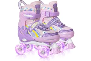 Nattork Girls Roller Skates for Kids, 4 Size Adjustable Rainbow Quad Skates with All Light Up Wheels - Best Birthday Gift for Outdoor Sports